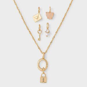 A New Day 14K Gold Dipped Necklace Charm Set Rose Quartz CZ Interchangeable NWT